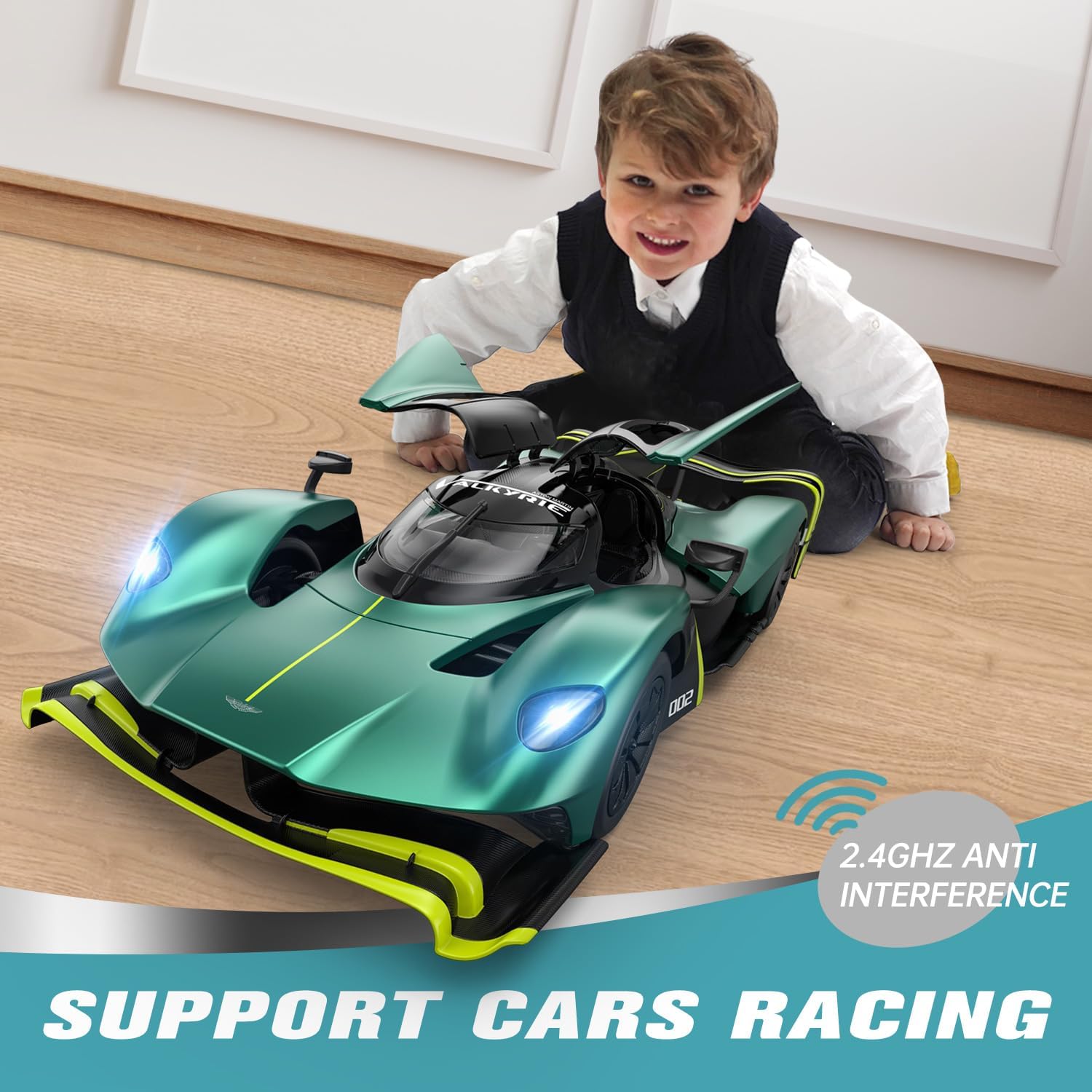 Child enjoying the Aston Martin Valkyrie AMR Pro RC car indoors Cocoland Toys