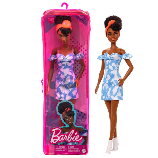 Barbie Fashionistas Doll #185, Black Up-do Hair, Off-shoulder Bleached Denim Dress, Orange Bandana, White Boots