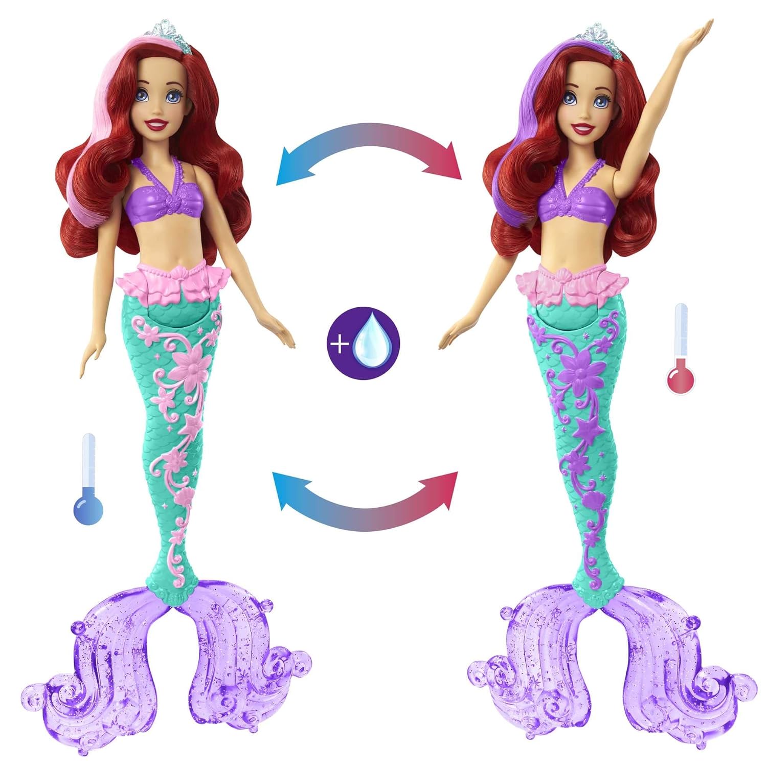 Disney Mattel Princess Toys, Ariel Mermaid Doll with Color-Change Hair and Tail, Color Splash Water Toy Inspired by The Movie