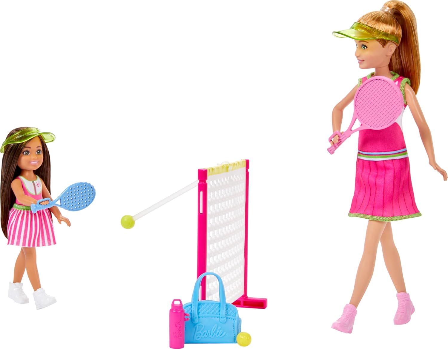 Barbie Stacie & Chelsea Tennis Playset with 2 Dolls & 5+ Accessories Including Net with Swinging Ball Feature & Sports Gear