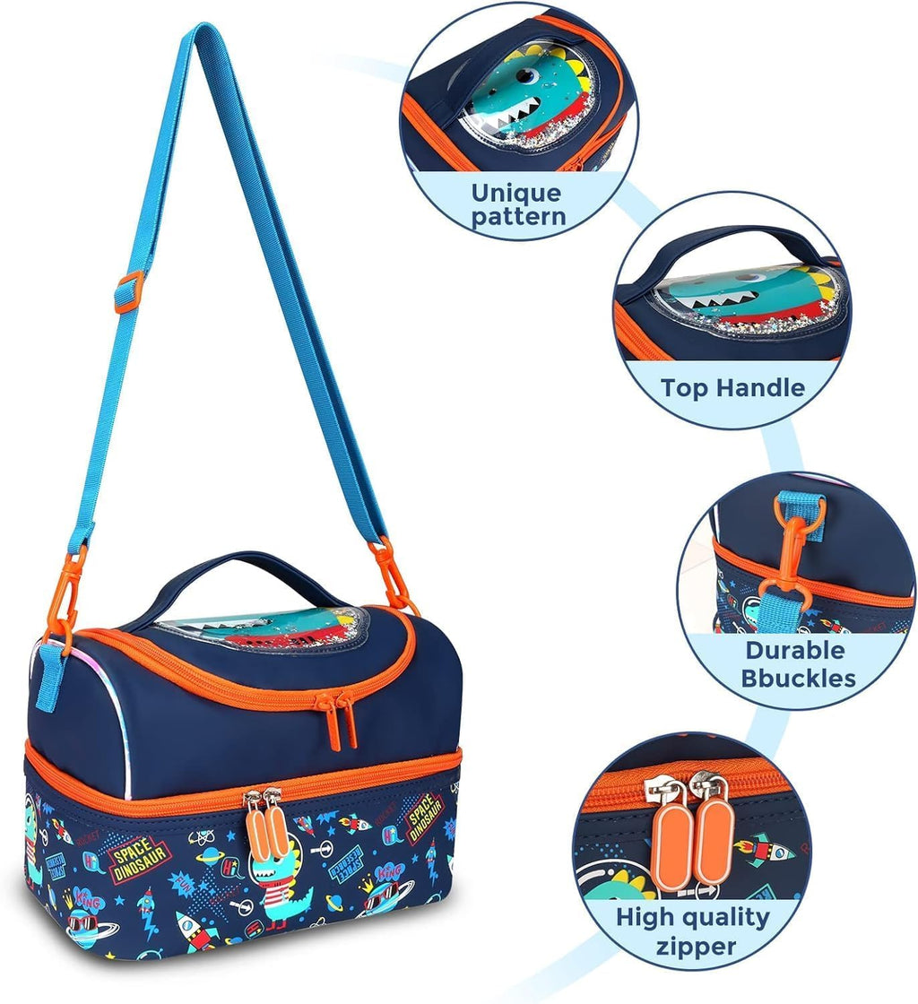 Multi Compartment Dual Slot Lunch Bag Double Insulated Tiffin Lunch Bag with Multi Zipper Pockets for School (Rooar Dino)