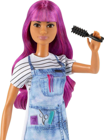 Barbie® Salon Stylist Doll (12-in/30.40-cm) with Purple Hair, Tie-dye Smock, Striped Tee, Blow Dryer & Comb Accessories