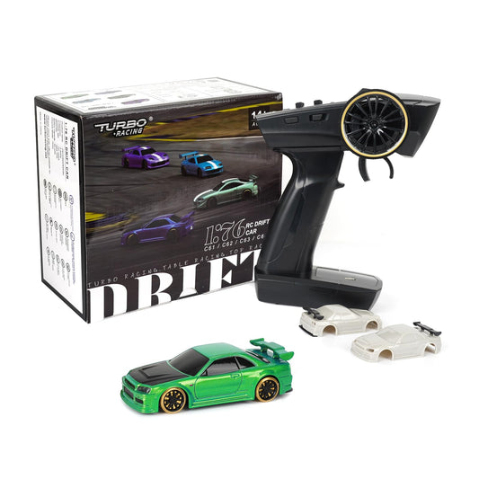 Turbo Racing 1:76 Scale Drift RC Car, Table Racing 2.4GHZ Remote Control Mini Model Car with Gyro Full Proportional RTR for Adults Toys (C64-Green)