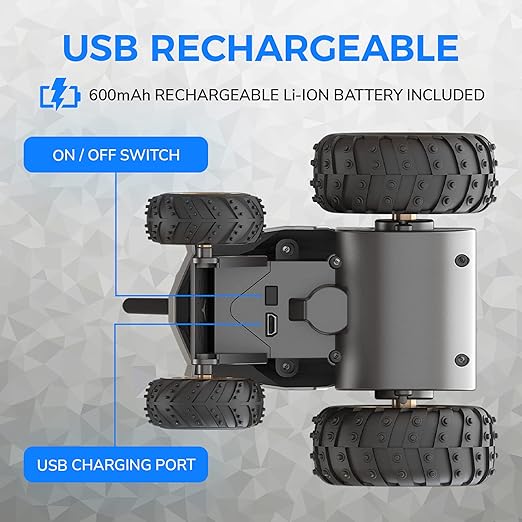 Mirana RC stunt car underside with USB rechargeable battery system Cocoland Toys