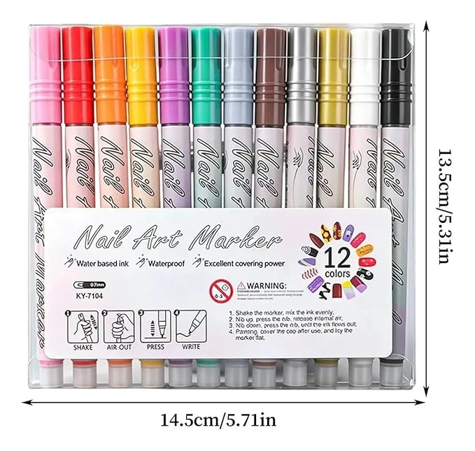 Nail Art Markers 0.7mm Nail Art Pens Set 12 Colors for DIY Painting Nails, Drawing