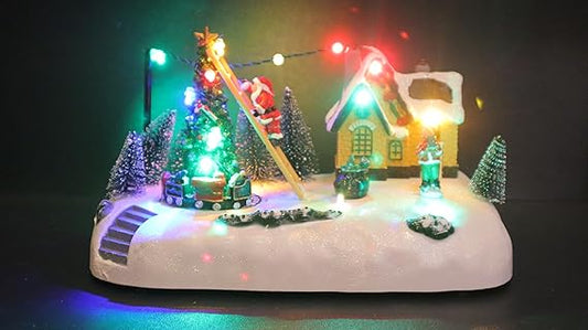 Christmas Village LED Musical Scene with Santa, Illuminated Holiday Decoration with Christmas Tree, Snow Base