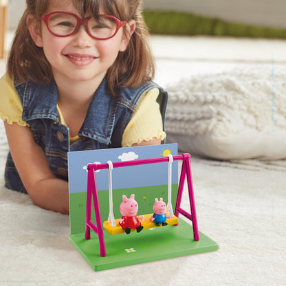 PEPPA PIG Playground Swing Themed Preschool Toy and George, Includes 2 Poseable Figures, Playset Playground Swing Accessory and Scene Cards, for Girls and Boys Ages 3+