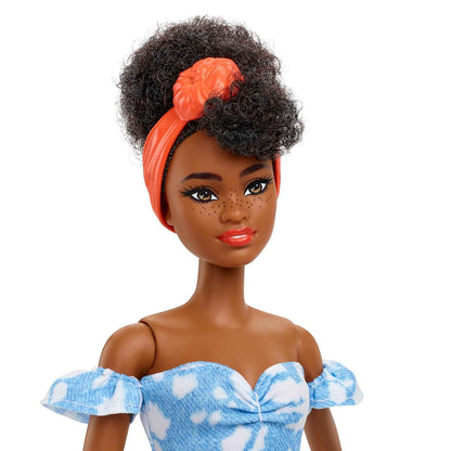 Barbie Fashionistas Doll #185, Black Up-do Hair, Off-shoulder Bleached Denim Dress, Orange Bandana, White Boots