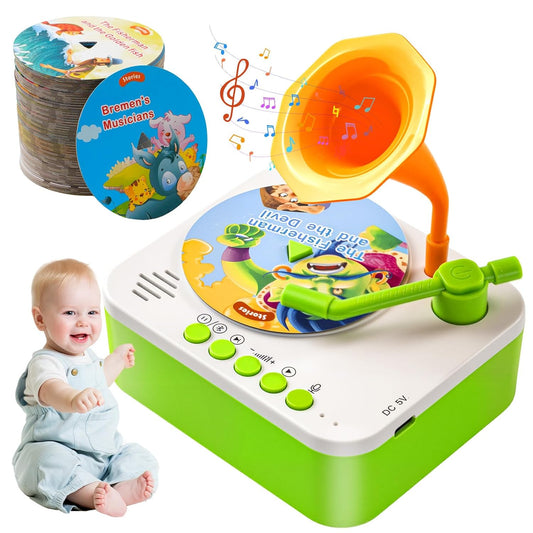 yimido Kids Phonograph Toddler Record Player， with 96 Learning Cards, Early Education Machine Record Player Music Box Storyteller pop Speakers, Gift for Boys and Girls