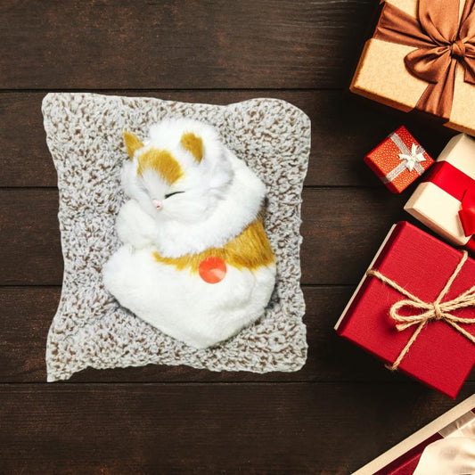 Sleeping Cat Plush Toy with Meow Sound, Air Purifying Carbon Pillow, Car and Home Decor (Brown)