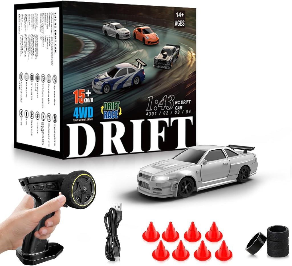 RC Drift Car, 1/43 Mini RC Drift Car with Gyroscope, 2.4GHz Full Proportional Remote Control Cars, 4WD High Speed Racing with Lights, Racing Tires, Model Cars Gift for Adults, Kids, Boys, Girls