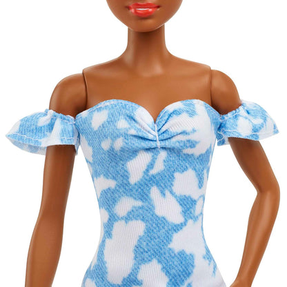 Barbie Fashionistas Doll #185, Black Up-do Hair, Off-shoulder Bleached Denim Dress, Orange Bandana, White Boots