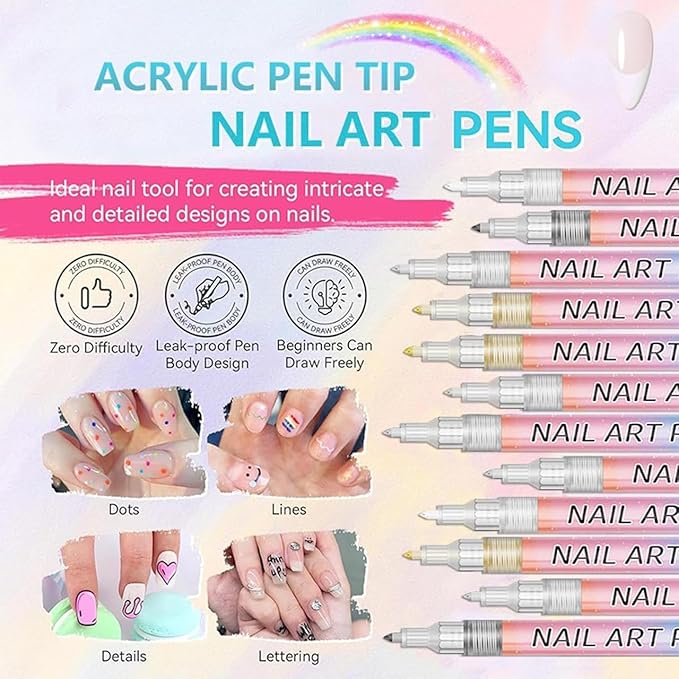 Nail Art Markers 0.7mm Nail Art Pens Set 12 Colors for DIY Painting Nails, Drawing