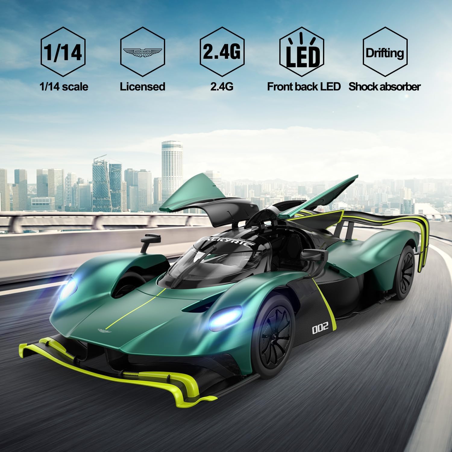 Aston Martin Valkyrie AMR Pro RC car showing dimensions and steering wheel controller Cocoland Toys