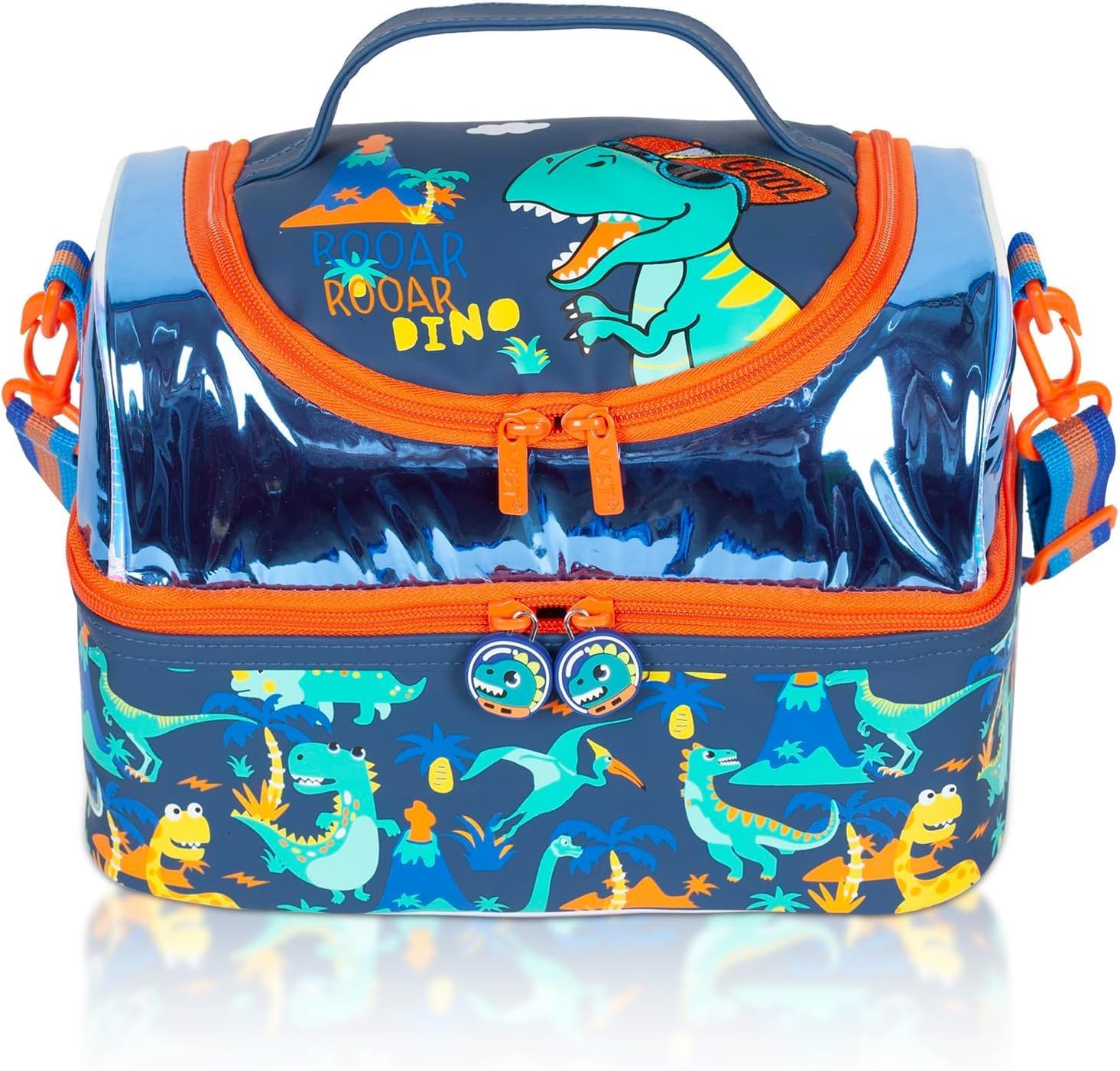 Multi Compartment Dual Slot Lunch Bag Double Insulated Tiffin Lunch Bag with Multi Zipper Pockets for School (Rooar Dino)
