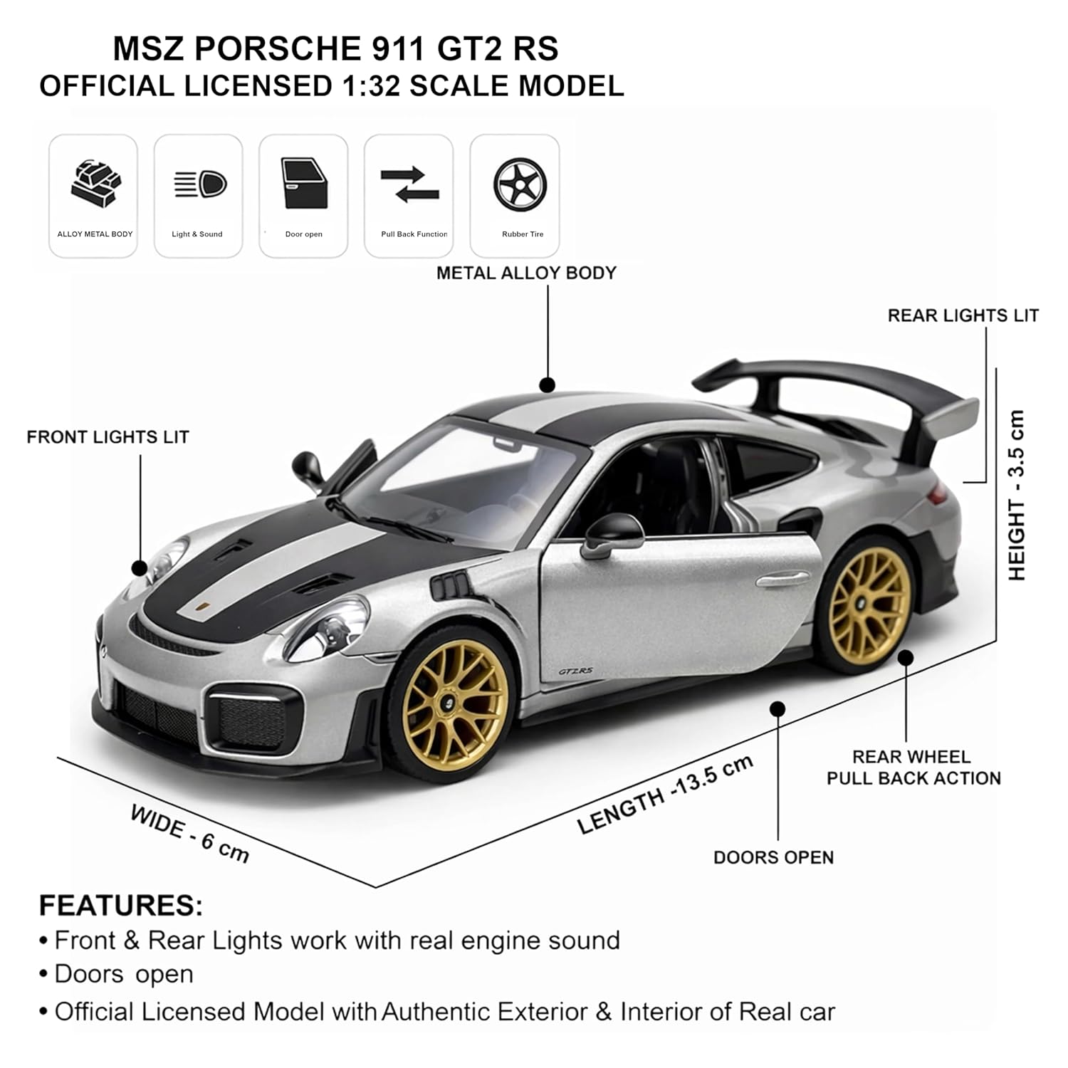 Cocoland Toys MSZ Porsche 911 GT2 RS 1:32 scale feature sheet showing lights, sound and opening parts