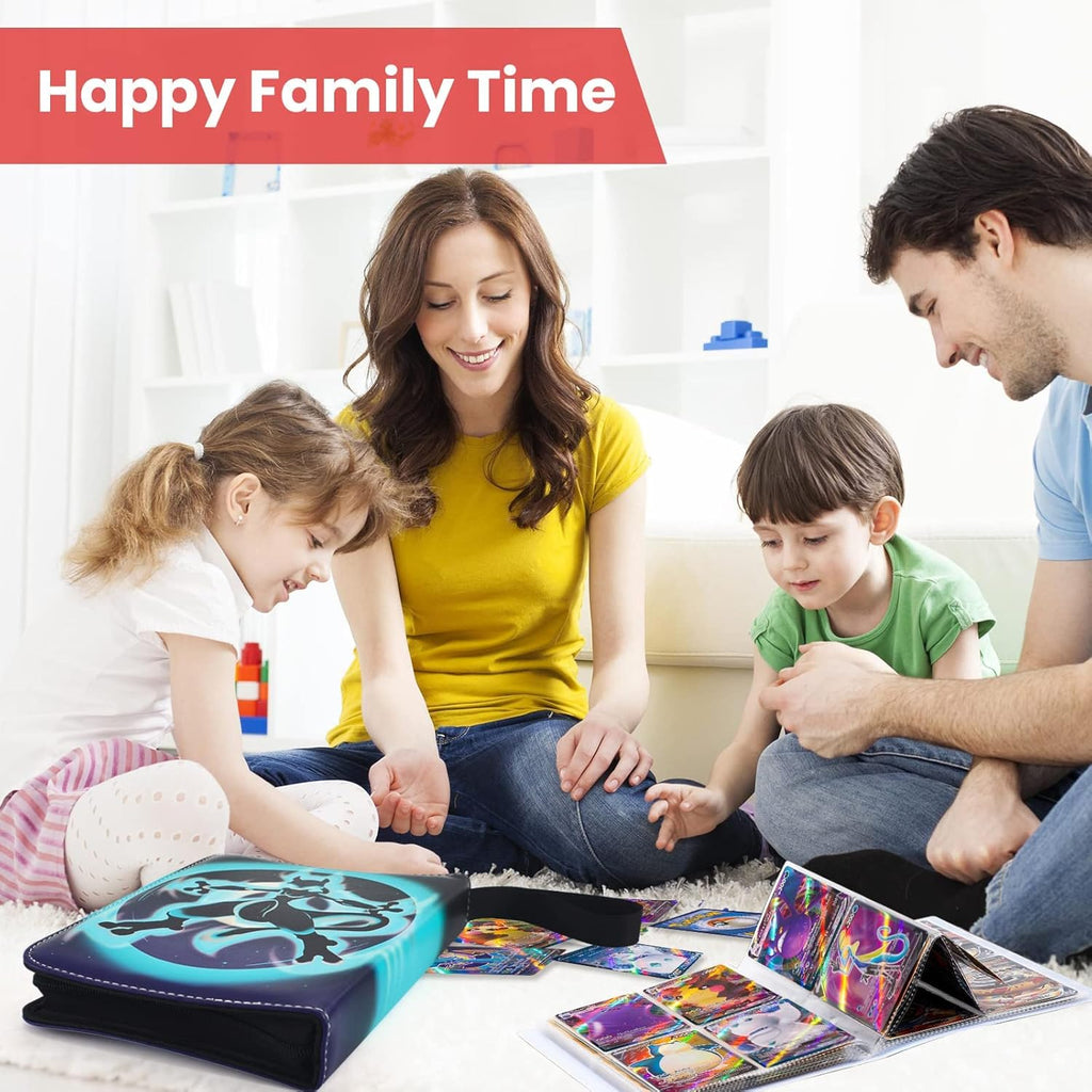 Cocoland Toys Family playing with trading cards on the floor, with a 'Happy Family Time' banner above.