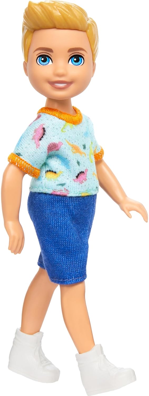 Barbie Chelsea Doll, Small Boy Doll Wearing Removable One-Piece with Dinosaur Print & White Shoes, Blond Hair & Blue Eyes