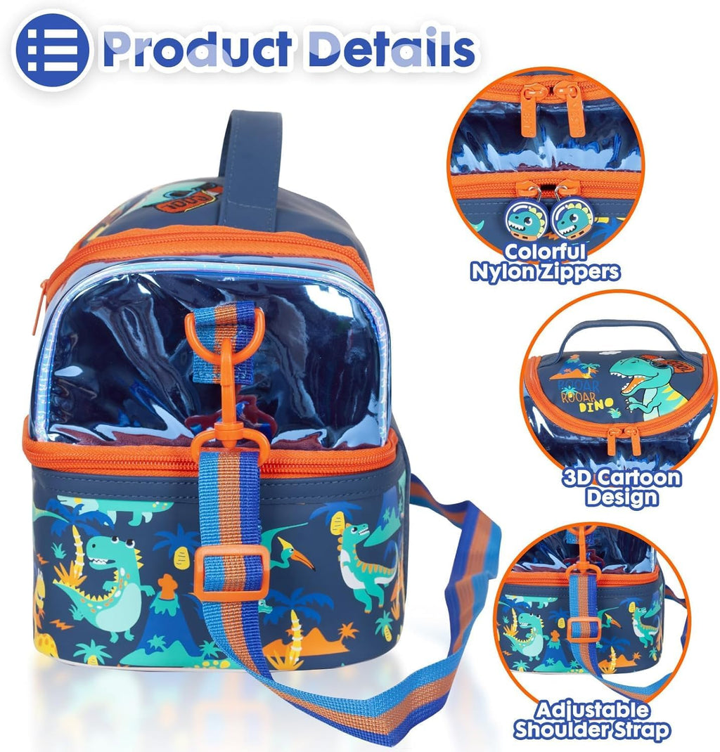 Multi Compartment Dual Slot Lunch Bag Double Insulated Tiffin Lunch Bag with Multi Zipper Pockets for School (Rooar Dino)