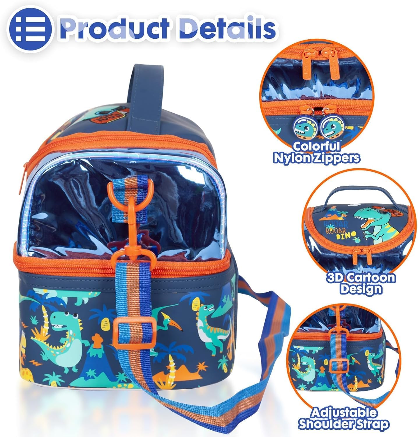 Multi Compartment Dual Slot Lunch Bag Double Insulated Tiffin Lunch Bag with Multi Zipper Pockets for School (Rooar Dino)