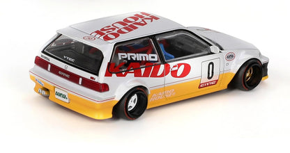 1:64 Diecast Model Car Compatible with Kaido House x Mini GT Honda Civic (EF) Kanjo V1 White/Yellow Limited Edition KHMG139