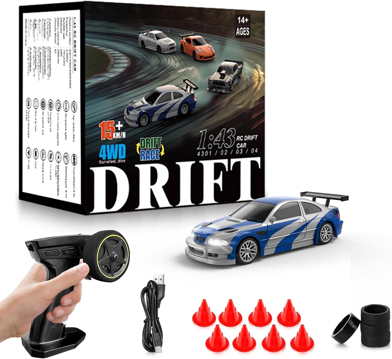 1:43 4WD RC drift car with remote controller, drift tyres and accessories Cocoland Toys