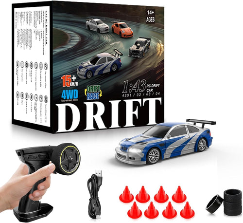 1:43 4WD RC drift car with remote controller, drift tyres and accessories Cocoland Toys