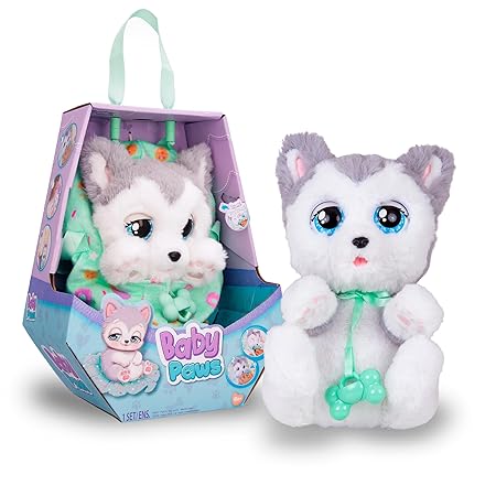 Baby Paws Siberian Husky Puppy Toy with Cute Swaddle Bag|Scan QR Code for More Interactive Roleplay,Pretend Play Toy|Make 5 Adorable Sounds Kids Toys for Ages 4+