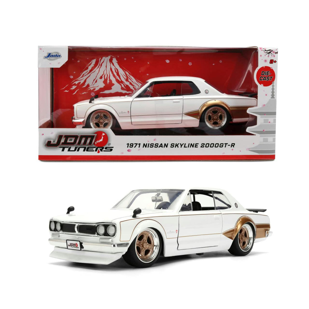 Jada Toys JDM Tuners 1971 Nissan Skyline 2000GT-R 1:24 Scale Diecast Model Car  White and Gold Finish