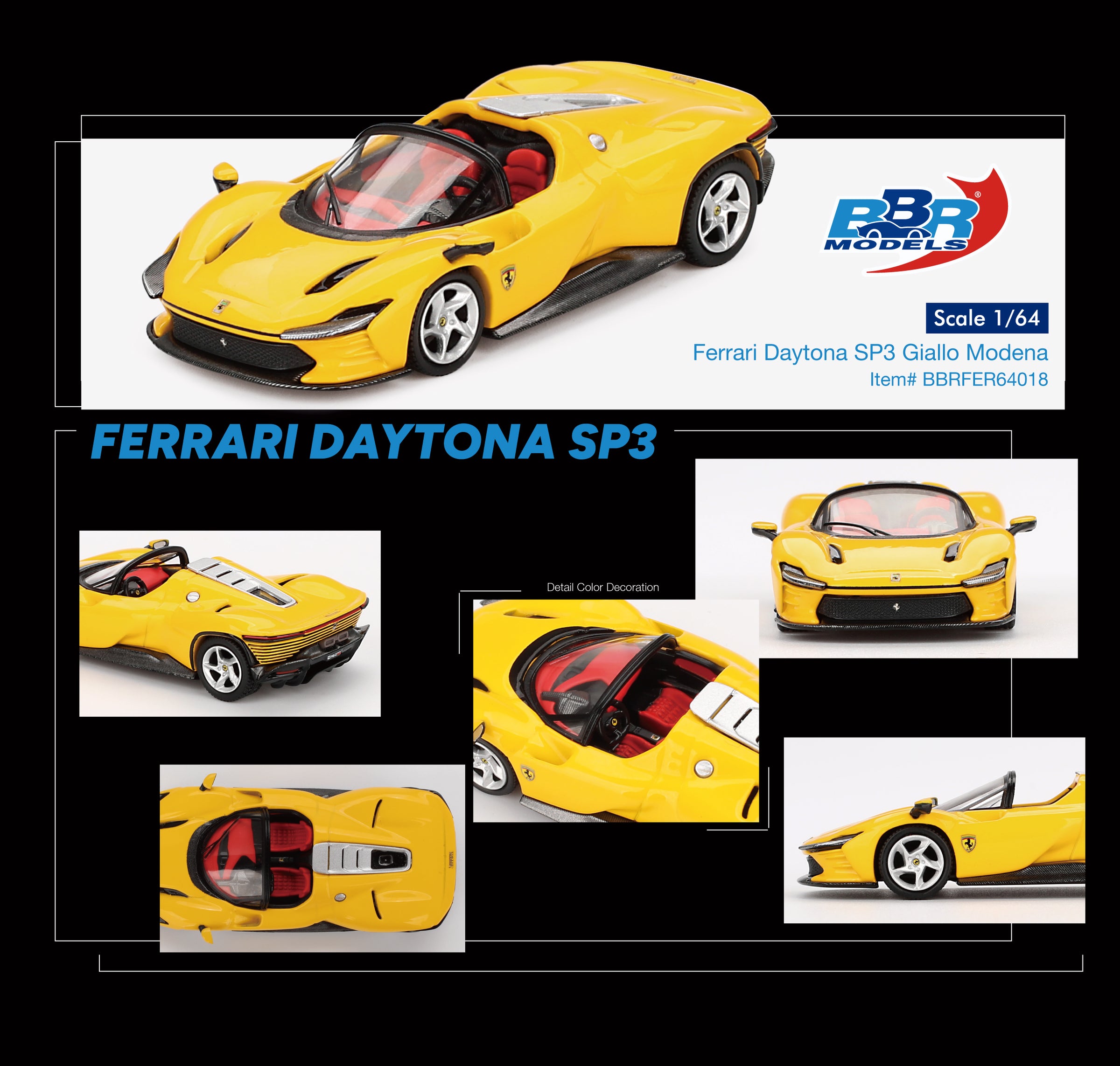 Cocoland Toys BBR Ferrari Daytona SP3 Rosso Giallo 1:64 scale model with collector packaging