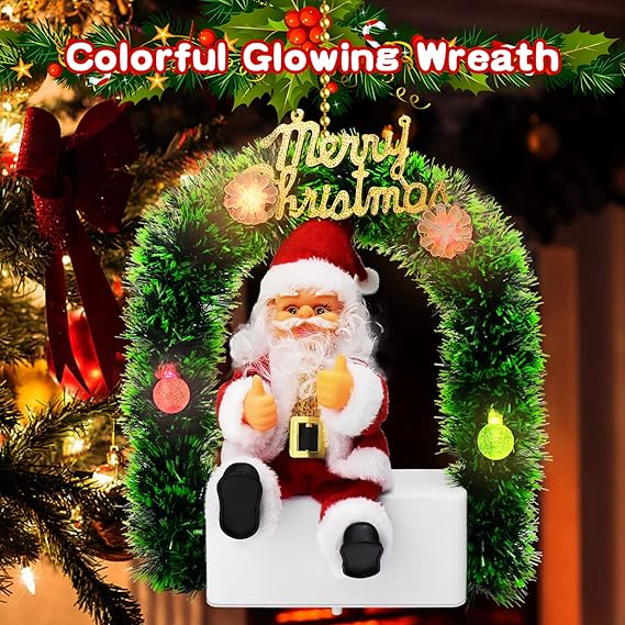 Electric Santa Claus Music Glowing Colorful, Hanging Christmas Music Christmas Wreath, Merry Christmas Santa Claus Tinsel Garland Door for Christmas
