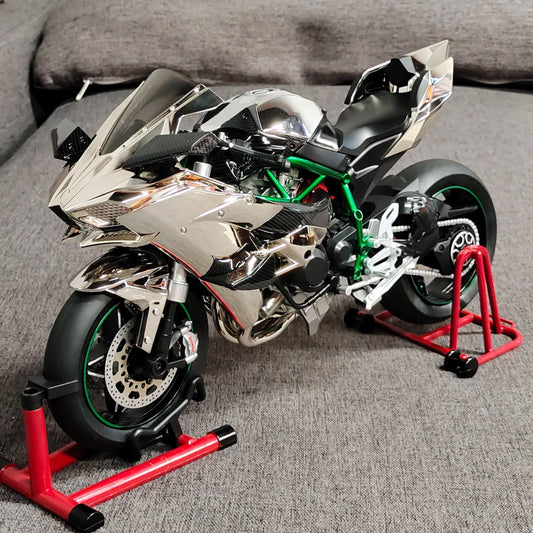 XLG 1/6 Scale Kawasaki Ninja H2R Diecast Motorcycle Model with Display Stand Premium Collector's Die Cast Bike1/6 Scale H2R Alloy Diecast Motorcycle with Sound & Light Features High Gloss Spray Finish Rubber Tires Premium Collectible Gift (Silver)