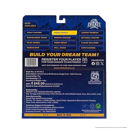 Cricket Icons Action Figure Hardik Pandya Mumbai Indians Collectible Miniature, IPL Edition with 360° Rotatable Head, MI Cricket Player for Fans & Kids, Gift & Collectors Pack of 1