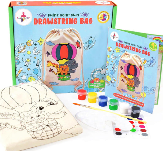 Kalakaram DIY Drawstring Bag Painting Kit, Animal Theme Painting Kit, Pre-Printed Canvas Drawstring Bag, DIY Activity Art and Craft Kit for Girls, Teens, & Kids Age 5, 6,7,8,9+ Kids, Multicolor