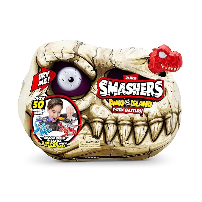 ZURU SMASHERS Dino Island T-Rex Battles (Red Version) By Zuru 50+ Surprises Boys Collectible Dinosaur T-Rex Triceratops Surprise Slime Sand Compounds Discovery