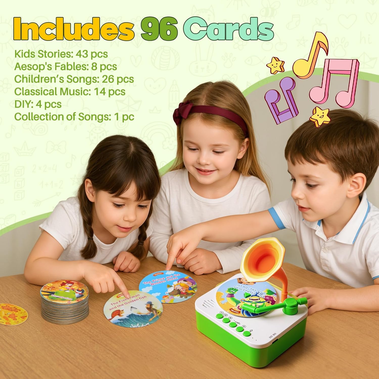Kids Phonograph Toddler Record Player， with 96 Learning Cards, Early Education Machine Record Player Music Box Storyteller pop Speakers, Gift for Boys and Girls