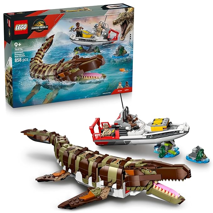 LEGO Jurassic World Brick-Built Mosasaurus Boat Mission Toy Dinosaur Set 76974 Building Blocks Toys for 9+ Gift for Boys and Girls