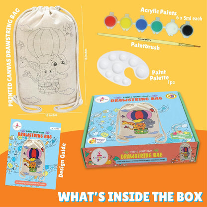 Kalakaram DIY Drawstring Bag Painting Kit, Animal Theme Painting Kit, Pre-Printed Canvas Drawstring Bag, DIY Activity Art and Craft Kit for Girls, Teens, & Kids Age 5, 6,7,8,9+ Kids, Multicolor