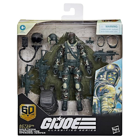 G.I. Joe Classified Series 60th Anniversary Action Pilot - Halo (High Altitude Low Opening) Jumper, 6 Inch Action Figure with Parachute & 18 Accessories