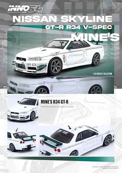 INNO64 Nissan Skyline GT-R R34 V-Spec N1 Tuned by Mine's 1:64 Scale Diecast Model Car with IN64-R34VS-MINES