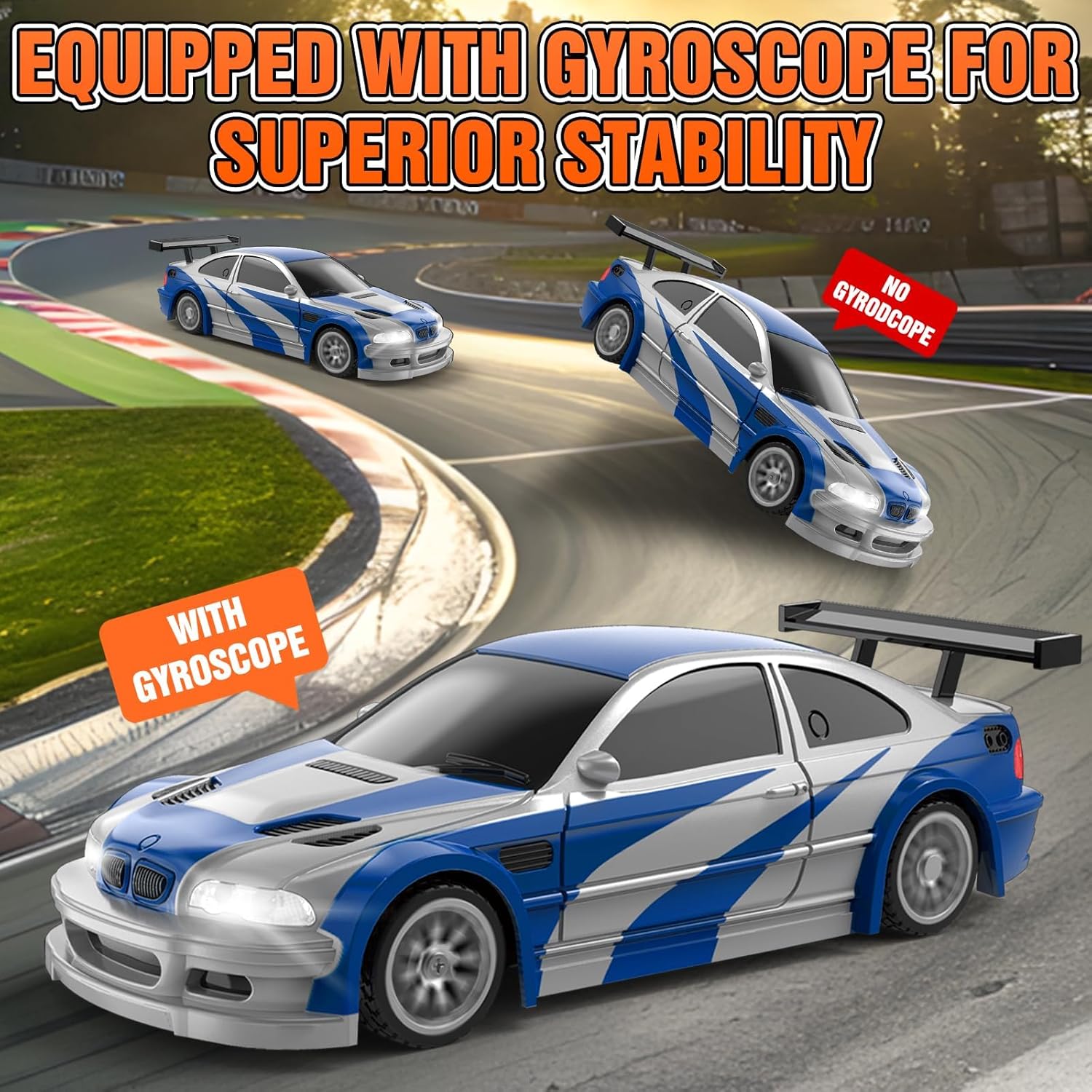 Blue 1:43 RC drift car equipped with interchangeable drift and racing tyres Cocoland Toys