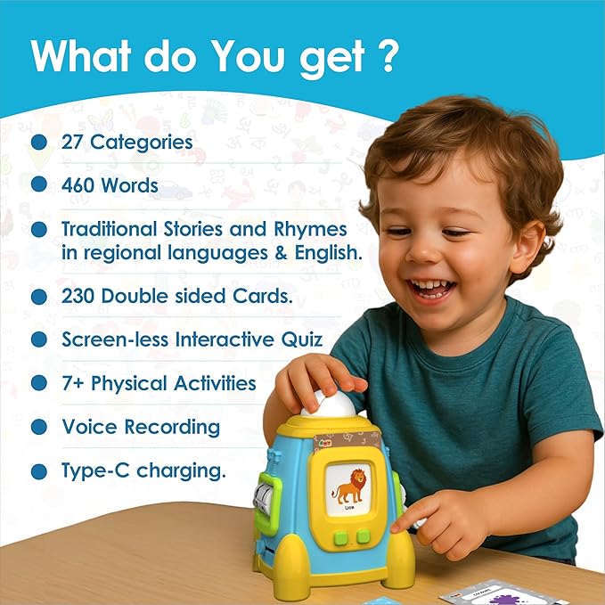 Baby Lingo Pro, Montessori Games, Multilingual Toy, Screen-Free Quiz Games, Vocabulary Building, Interactive Educational Toy for 1 to 5 Year Old Kids. English - Hindi - Marathi