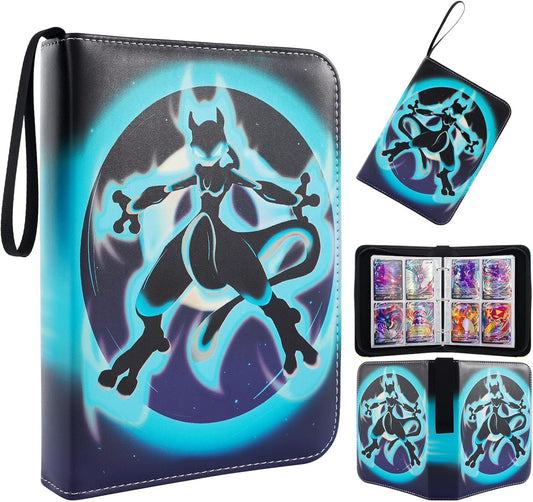 Trading Card Binder with 4 Pocket, PU Leather Card Folder for Playing Cards, 400 Cards Collection Binder with Handle and Zipper, Card Album Card Sleeves Card Book Holder as Kids Birthday Gift