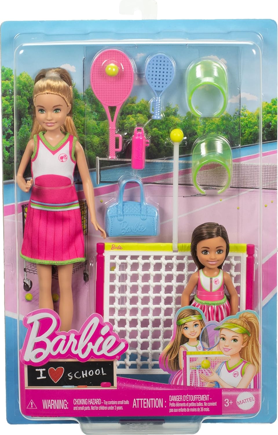 Barbie Stacie & Chelsea Tennis Playset with 2 Dolls & 5+ Accessories Including Net with Swinging Ball Feature & Sports Gear