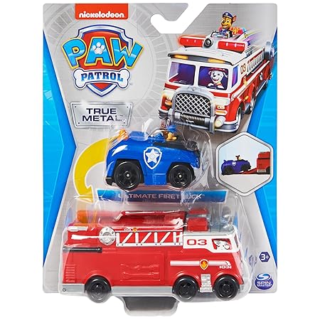 PAW PATROL True Metal Team Vehicles Set of 2 with Fire Truck and Chase in Police Car, Scale 1:55, Toy for Children from 3 Years