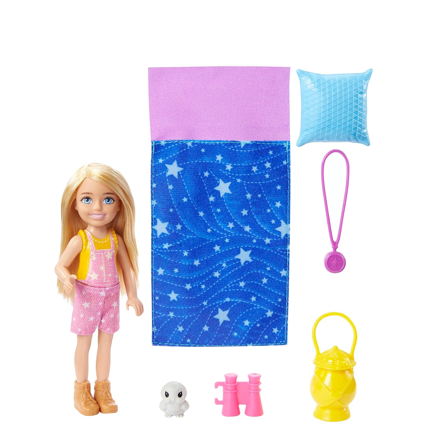 It Takes Two Camping Playset with Chelsea™ Doll (6 in, Blonde), Pet Owl, Sleeping Bag, Binoculars & Camping Accessories