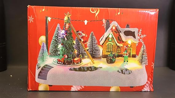 Christmas Village LED Musical Scene with Santa, Illuminated Holiday Decoration with Christmas Tree, Snow Base
