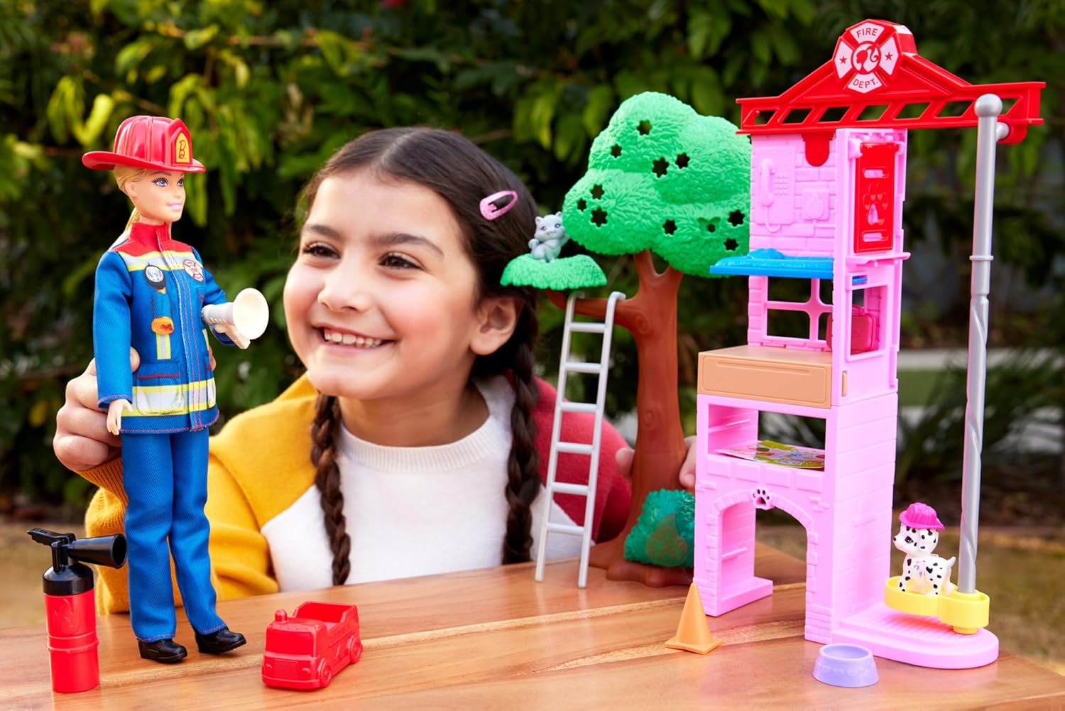 Barbie Careers Firefighter Doll & Playset with Fire Station & Tree, 2 Pets, Color-Change & 10+ Accessories Including Fire Extinguisher Squirt Toy