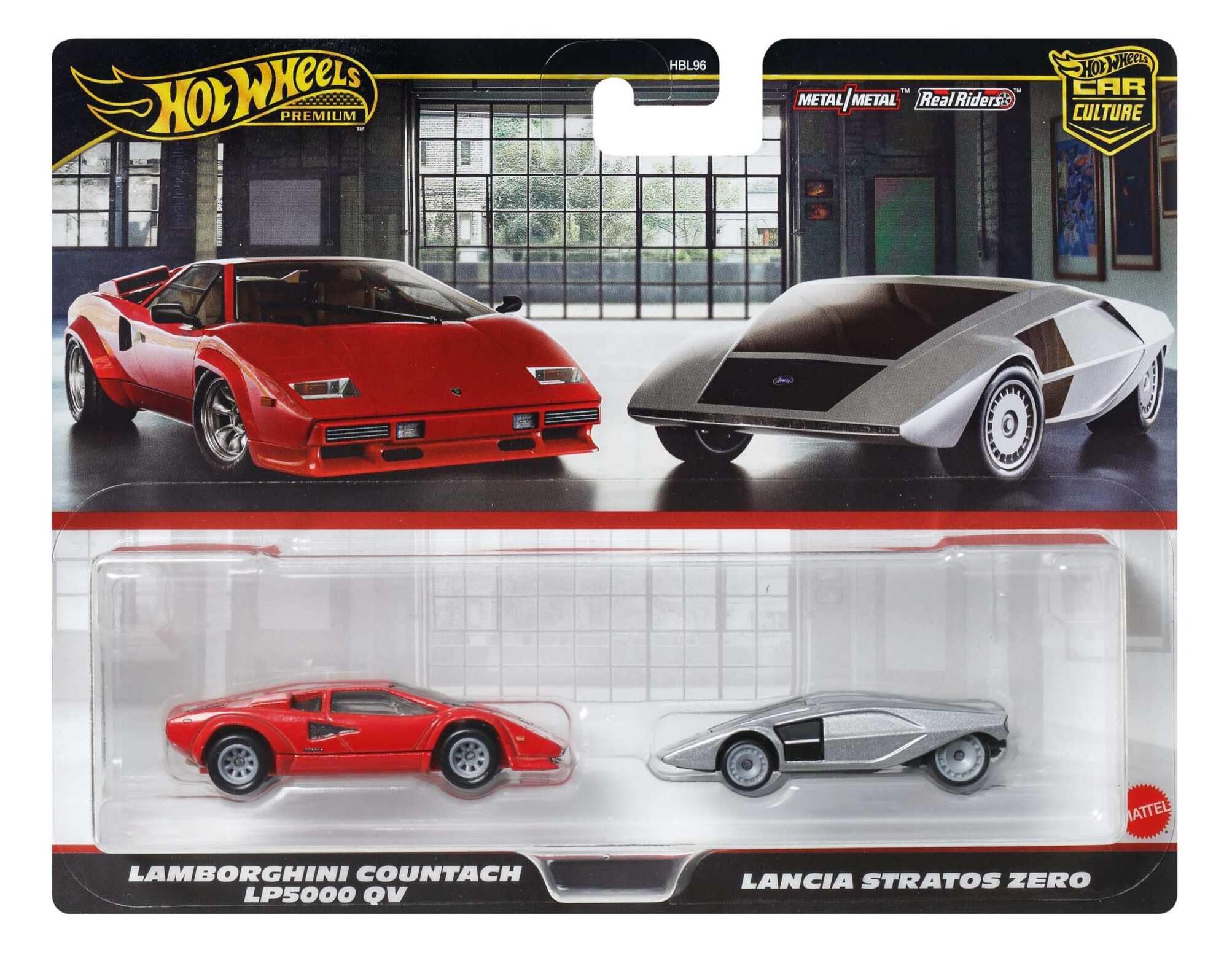 Hotwheels Premium Car Culture 2-Pack featuring the Lamborghini Countach LP5000 QV and the Lancia Stratos Zero