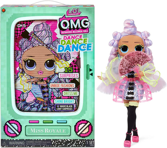 L.O.L. Surprise! OMG Dance Miss Royale Fashion Doll with 15 Surprises Including Magic Black Light, Shoes, Hair Brush, Doll Stand